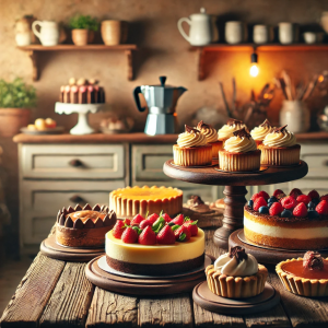 DALL·E 2024-08-31 15.35.04 - A cozy kitchen scene featuring a variety of beautifully baked cakes and tarts, including cheesecakes, fruit tarts, and chocolate cakes, all arranged o